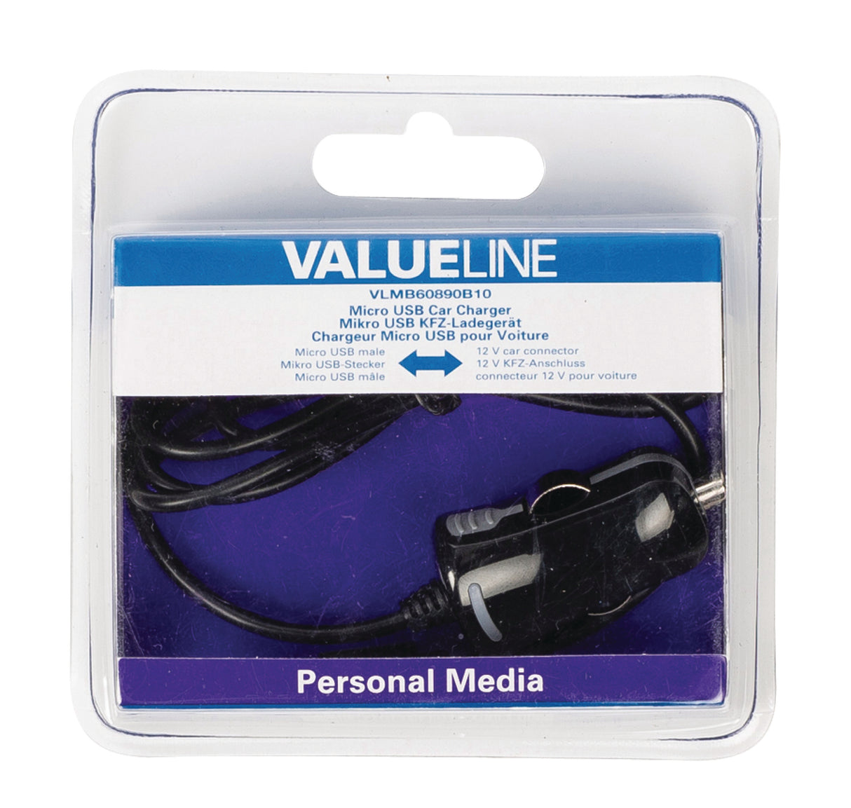 Cargador de coche a Micro USB 5v y 2.1A con Conector Automóvil de 12V y cable de 1 m en color Negro en blíster