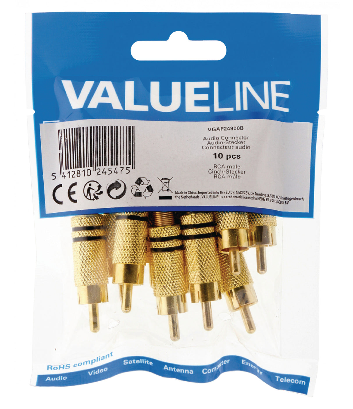 Conector RCA Macho en Color Negro con Anillo Chapado oro, 10 Unidades