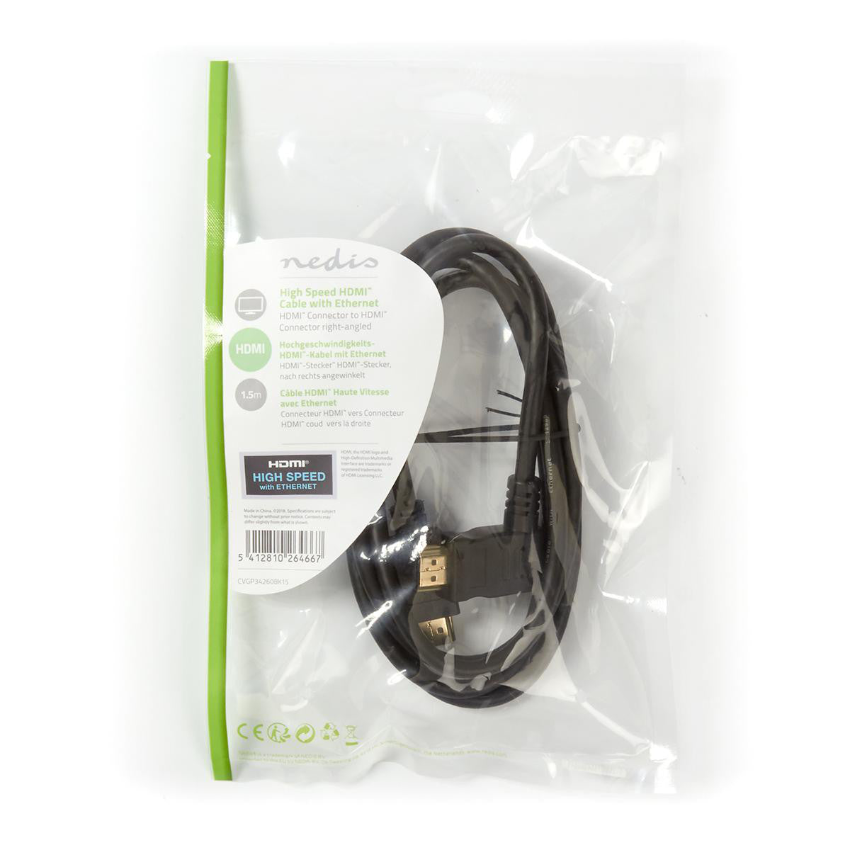 Cable HDMI de Alta Velocidad con Ethernet | Conector - en Ángulo a la Derecha 1,5 m Negro