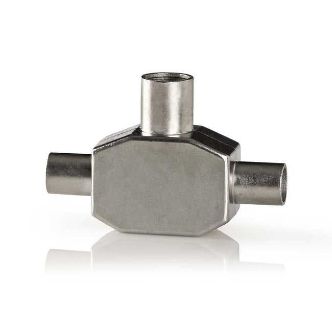 Adaptador Coaxial de Antena TV en T | 2x IEC Macho a 1x IEC Hembra | Metal Blanco