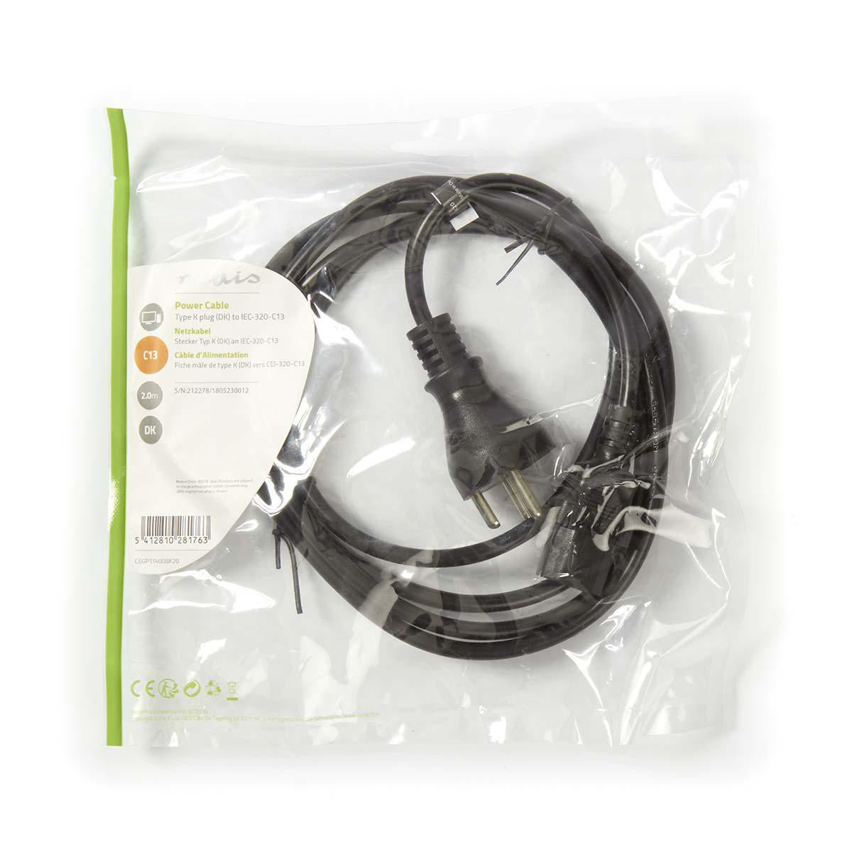 Cable de Alimentación | Conector Tipo K (Dinamarca) - Iec-320-c13 2,0 m Negro