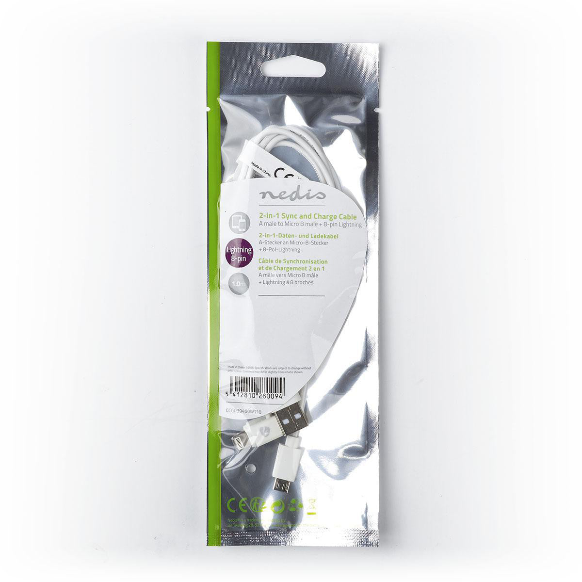 Cable 2 en 1 de Carga y Sincronización | USB A Macho - Micro B Macho/lightning Apple 8 Pines 1,0 m Blanco
