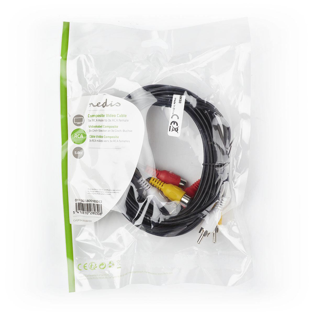 Cable de Vídeo Compuesto | 3x RCA Macho - Hembra 5,0 m Negro