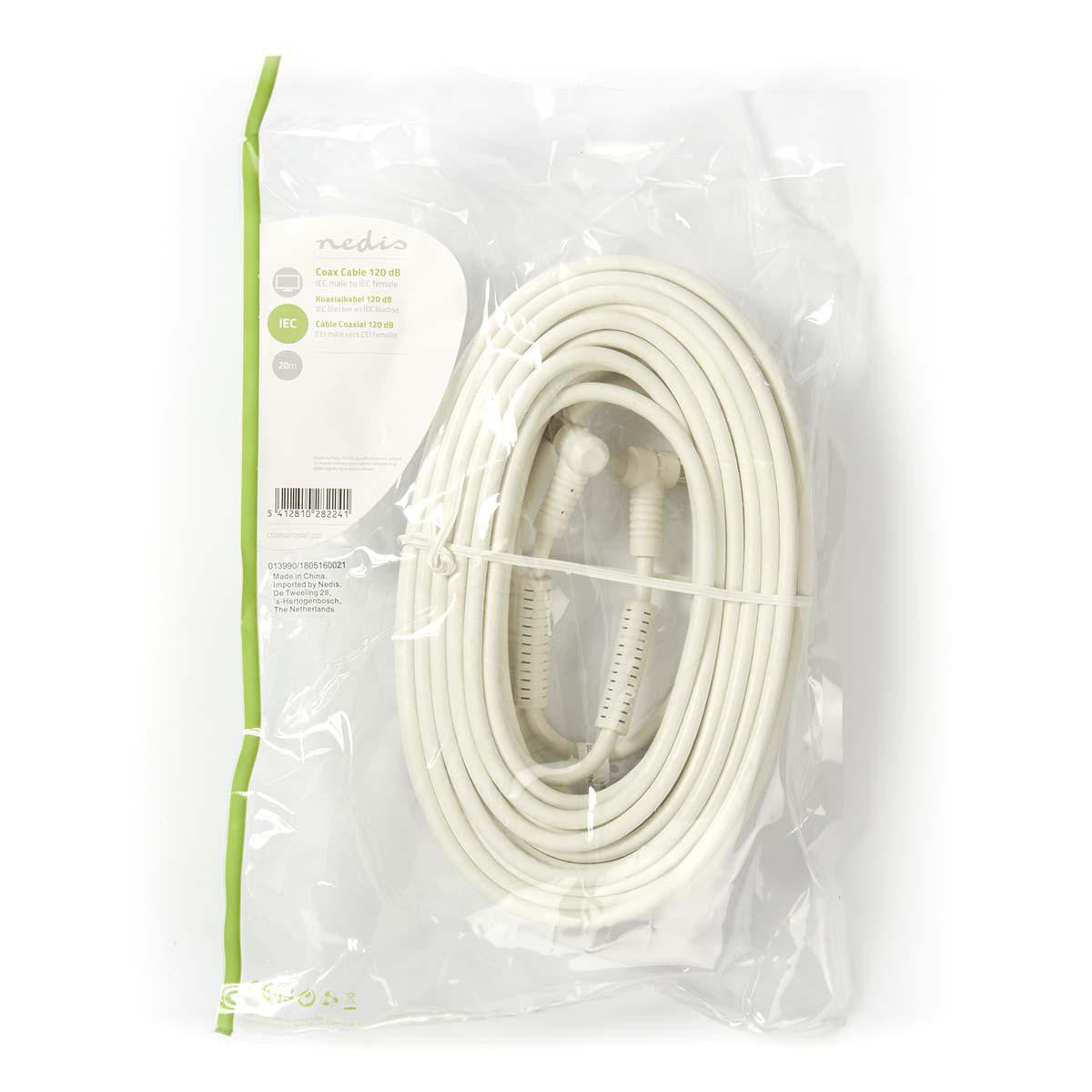 Cable Coaxial de 120 dB | IEC (Coaxial) Macho en Ángulo - Hembra 20 m Blanco