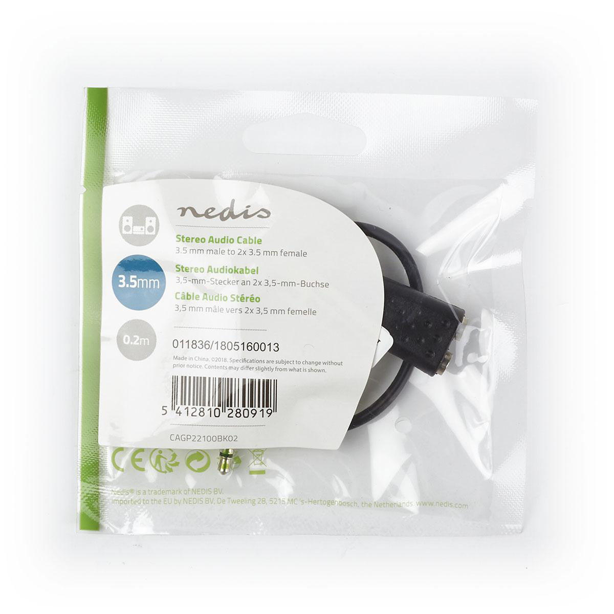 Cable de Audio Estéreo Macho 3,5 mm a 2x Hembra 0,2 m Negro en Bolsa de polipropileno