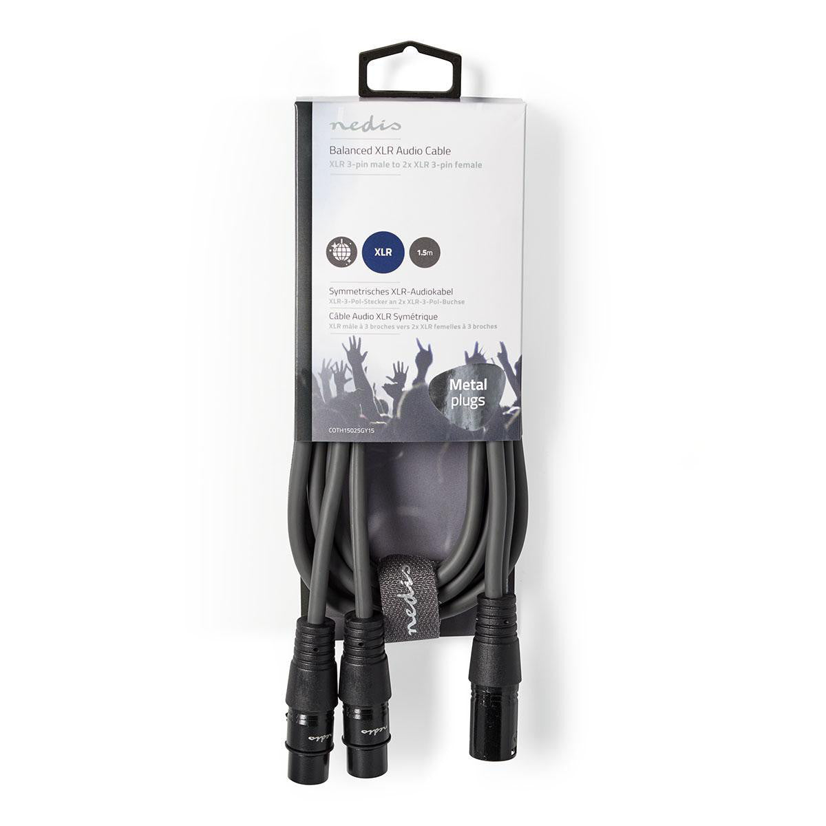 Cable de Audio XLR Compensado | 3 Pines Macho - 2x Hembra 1,5 m Gris
