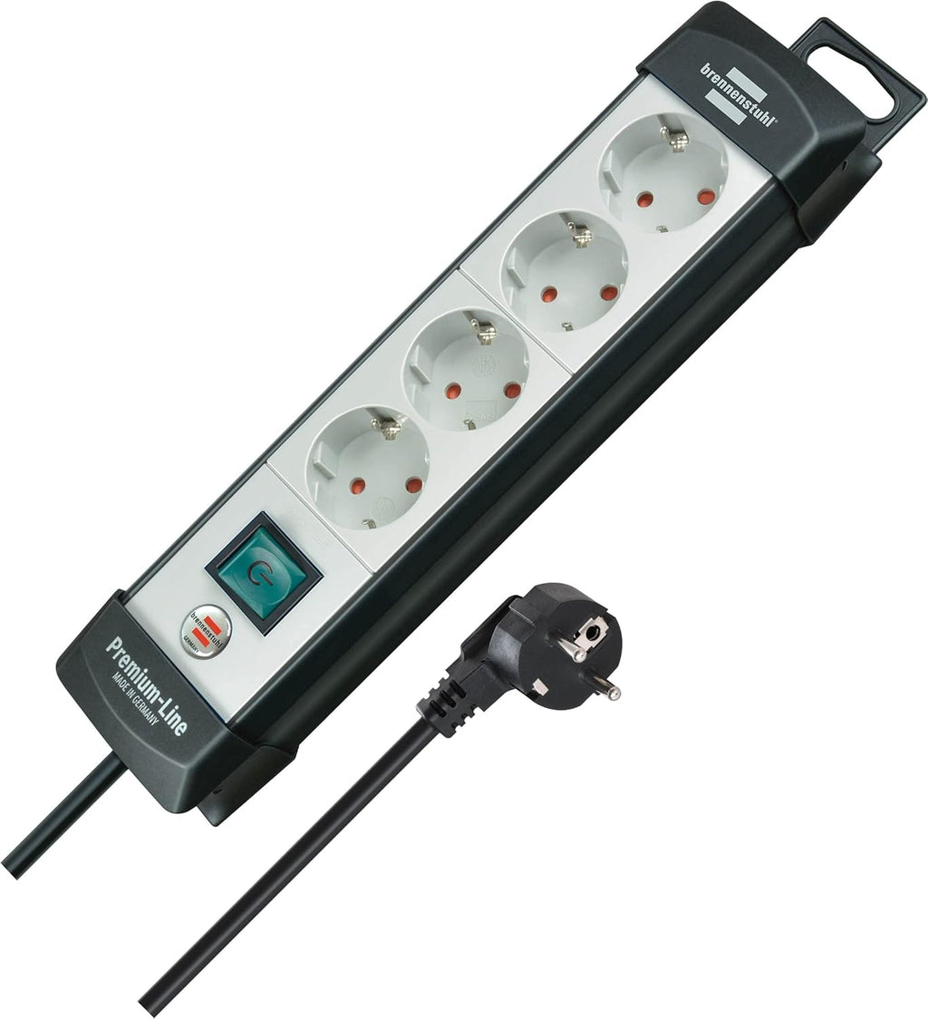 Brennenstuhl Premium-Alu-Line 4-Way Power Strip with 5m Cable (with Switch, Mountable, Made in Germany) Black/Grey