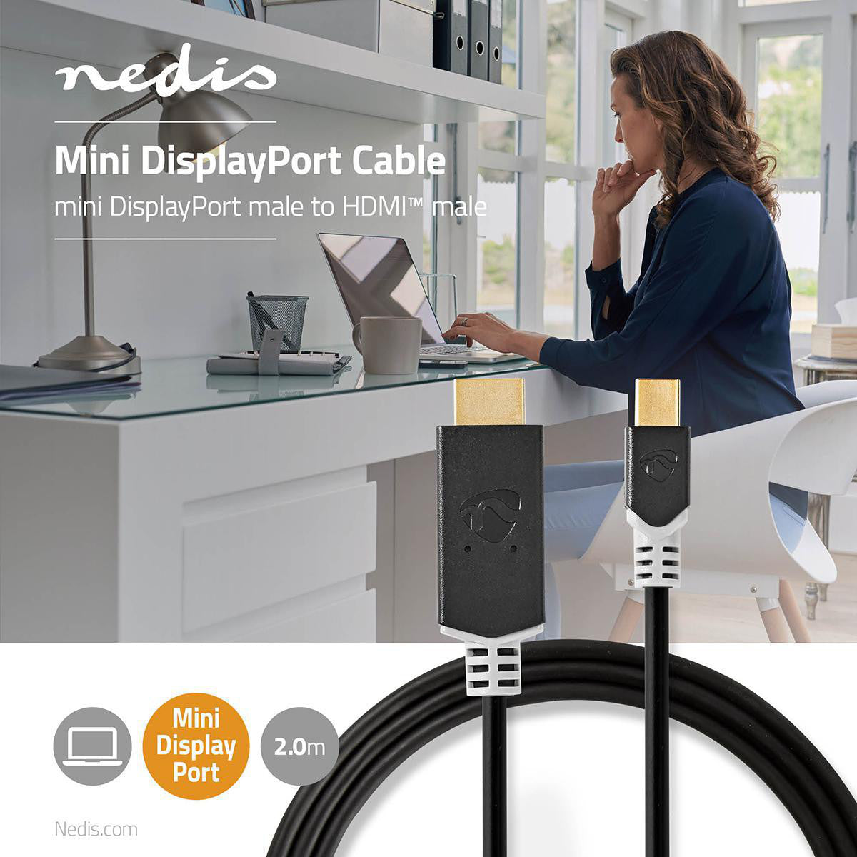 Cable Mini Displayport | 1.4 Macho Conector Hdmi 48 Gbps Chapado en oro 2.00 m Redondo PVC Antracita Caja de Ventana Cables