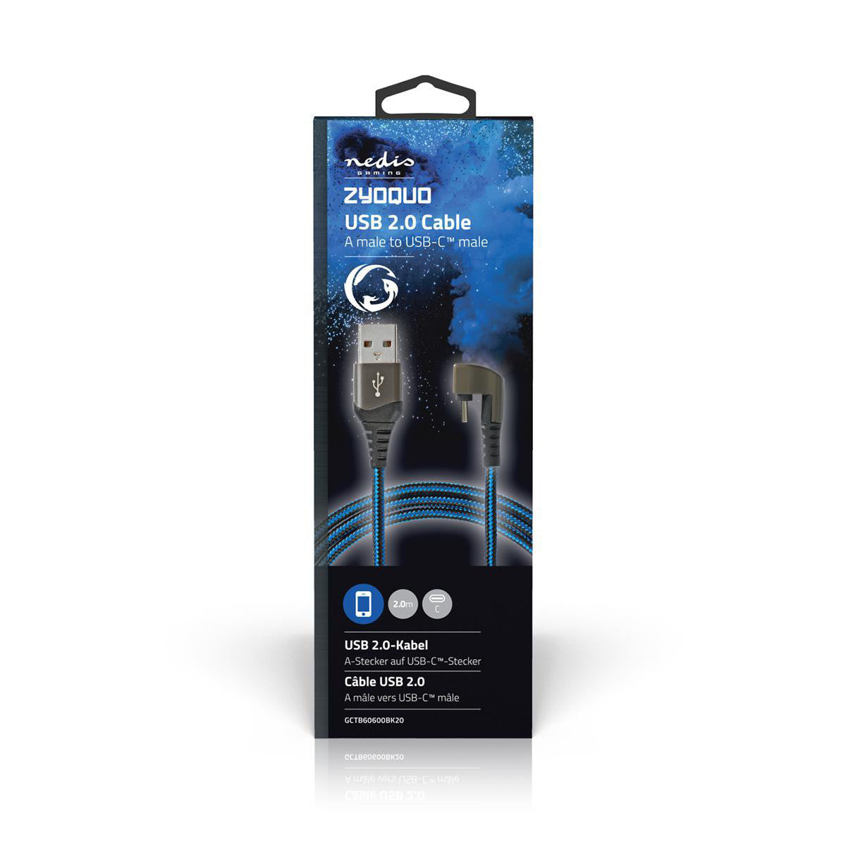 Cable USB | 2.0 Usb-a Macho Type-C 480 Mbps Chapado en oro 2.00 m Redondo Nylon / Trenzado Azul Negro