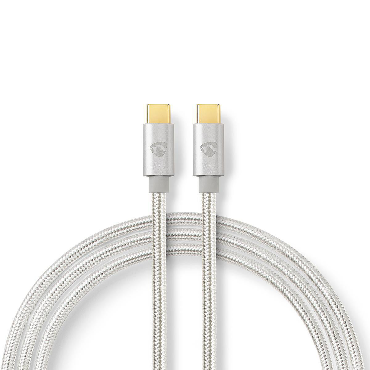 Cable USB | 2.0 Type-C Macho 480 Mbps 100 W Chapado en oro 2.00 m Redondo Nylon / Trenzado Plata