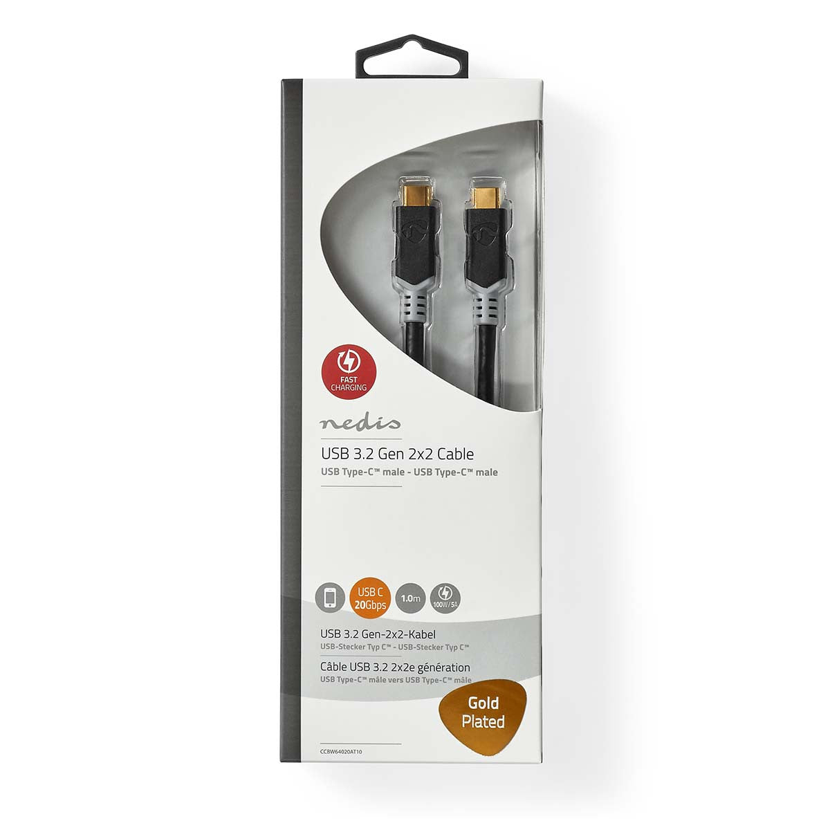Cable USB | 3.2 Gen 2x2 Type-c | Macho 20 Gbps 100 W Chapado en oro 1.00 m Redondo PVC Antracita