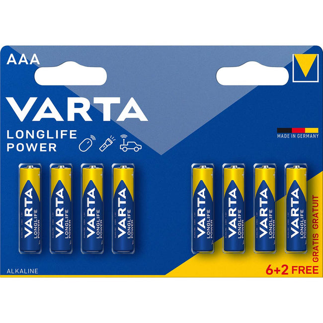 1.5 V Alkaline Batteries AAA/LR03 or AA/LR6, 6+2 Blister Pack High Energy Varta