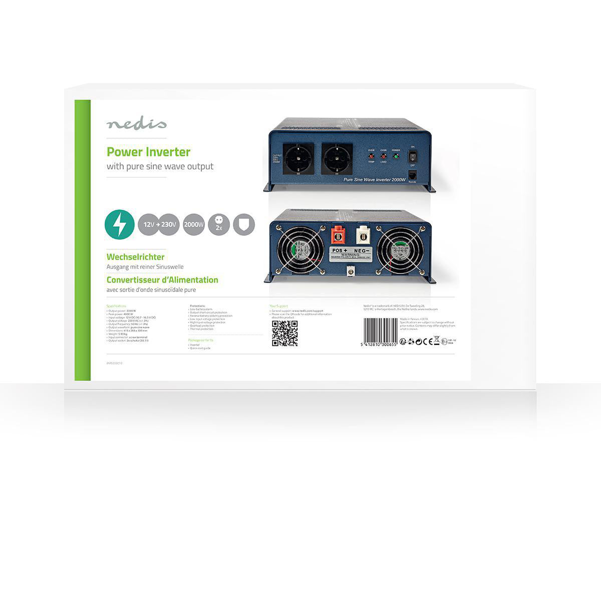 Inversor de Potencia Onda Sinusoidal Pura | 12 V CC - 230 CA 2000 W 2x Salidas Schuko