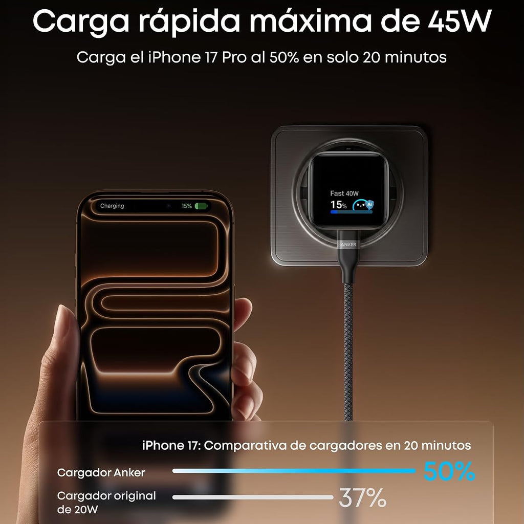 Cargador USB-C Anker Nano 45 W con pantalla inteligente, vista de detalle 2