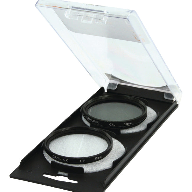Kit duplo com filtros polarizadores UV e CPL (52 mm), tampas e câmara.