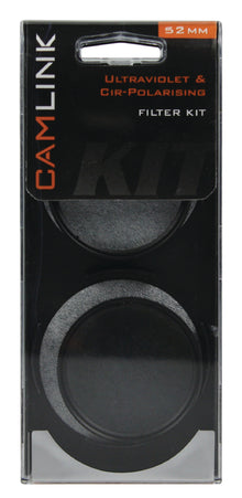 Kit duplo com filtros polarizadores UV e CPL (52 mm), tampas e câmara.