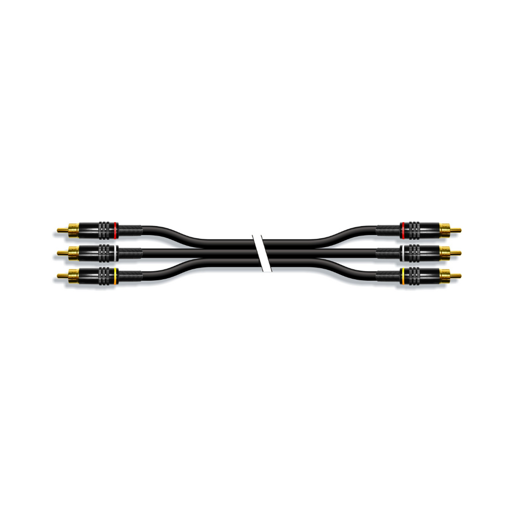 Cabo estéreo de áudio e vídeo com 3 conectores RCA macho.