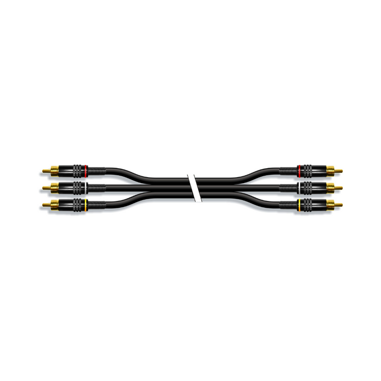 Cabo estéreo de áudio e vídeo com 3 conectores RCA macho.