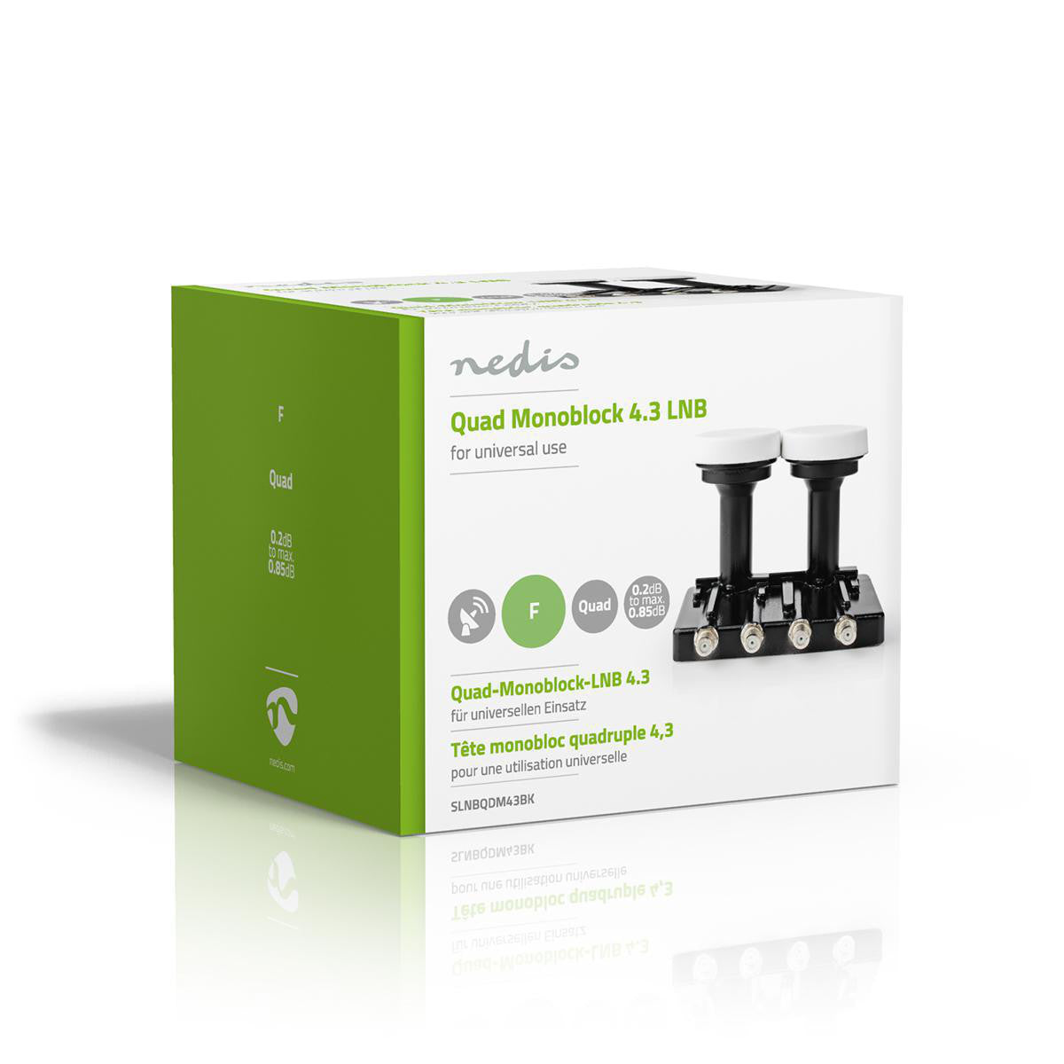 LNB | Quad Monoblock 4.3° Conexión de Salida: 4x Conector F Rango Figura Ruido: 0.85 dB Ganancia Conversión: 52-67 Blanco