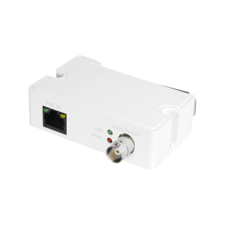 Transmissor EoC ativo com alcance até 400 m a 100 Mbps e 1000 m a 10 Mbps.