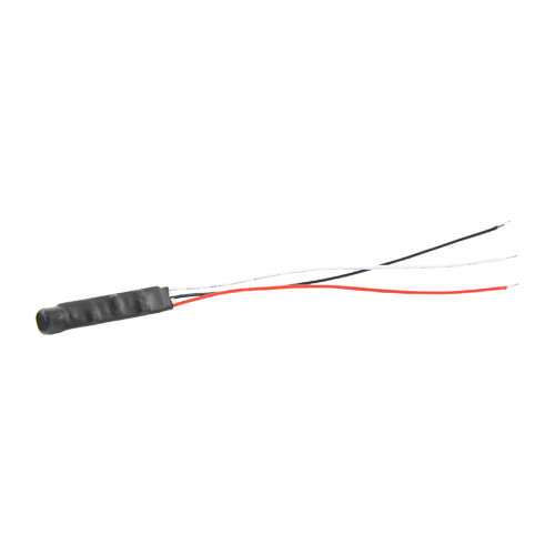 Microfone externo - Conector no terminal do cabo: Alimentação + (vermelho), Áudio (preto), Alimentação DC 6V~12V. Comprimento: 130 mm (m). 