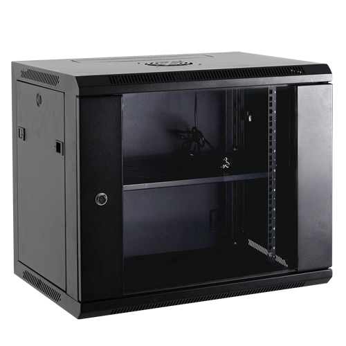 Rack de parede - Capacidade de carga até 12U para placas de 19" e 60 kg, com ventilação e gestão de cabos, 2 ventoinhas, prateleira incluída e régua de alimentação em alumínio. 