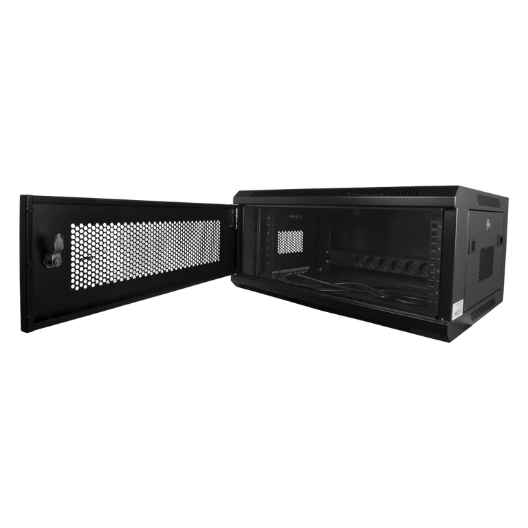 Wall Mount Rack Cabinet - Up to 6U 19" 60 Kg Load Capacity Mesh Panels on Front and Sides Ventilation Cable Entry Ports Power Strip