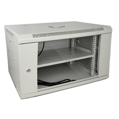 Rack de parede 6U de 19", capacidade de 60 kg, com ventilação e gestão de cabos, ventilador, tabuleiro incluídos, régua de alimentação com 6 tomadas, cinzento. 