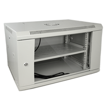 Rack de parede 6U de 19", capacidade de 60 kg, com ventilação e gestão de cabos, ventilador, tabuleiro incluídos, régua de alimentação com 6 tomadas, cinzento. 