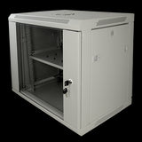 Armario Rack Para Pared 9U de 19" 100 Kg con pasacables, Ventilador, Bandeja Incluida y Regleta Aluminio color gris
