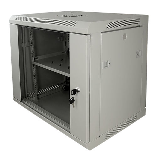9U 19" 100kg Wall Mount Rack Cabinet with Cable Management, Fan, Tray Included and Aluminum Power Strip in Grey 