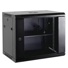 Rack de parede 9U de 19", capacidade de 100 kg, com gestão de cabos, ventoinha e tabuleiro incluídos, régua de alimentação em alumínio preto. 