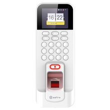Sistema de controlo de acessos e presença da marca Safire, em branco, com controlador integrado, ligações RJ45 e Wi-Fi. 