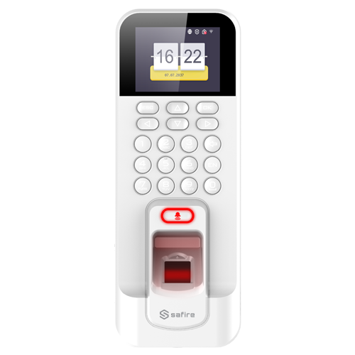 Sistema de controlo de acessos e presença da marca Safire, em branco, com controlador integrado, ligações RJ45 e Wi-Fi. 