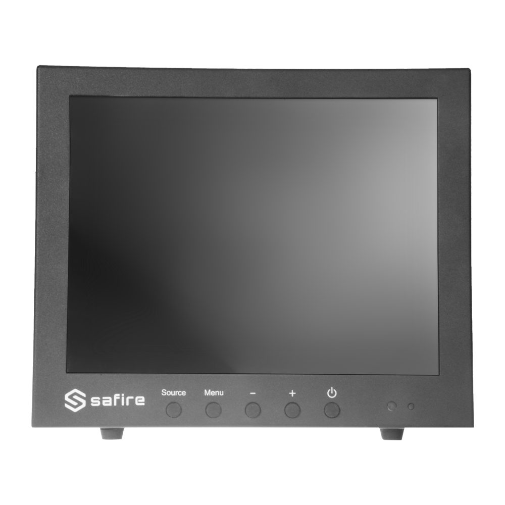 Monitor LED Safire de 10" - Concebido para videovigilância, rácio de ecrã 4:3, VGA, HDMI, entrada BNC e áudio, resolução de 1024x768, colunas integradas. 
