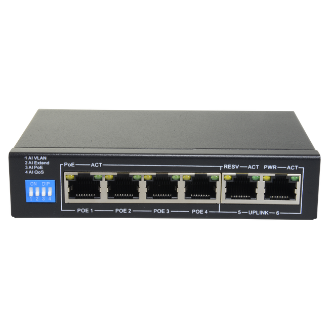 PoE Switch - 4 Ports + 2 Uplink Rj45 Speed ​​Up to 1000 Mbps in All 60W Total for Bandwidth 12 Gbps Standard Ieee8 