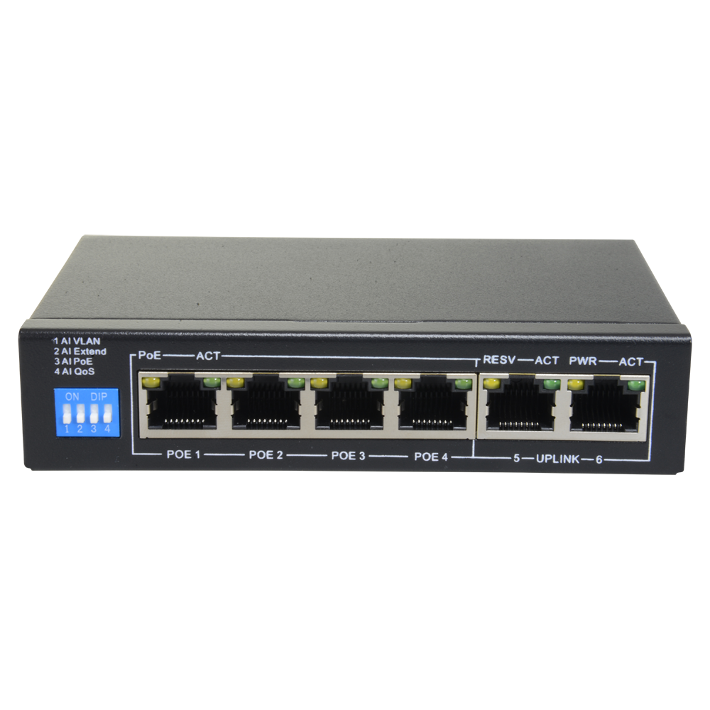PoE Switch - 4 Ports + 2 Uplink Rj45 Speed ​​Up to 1000 Mbps in All 60W Total for Bandwidth 12 Gbps Standard Ieee8 