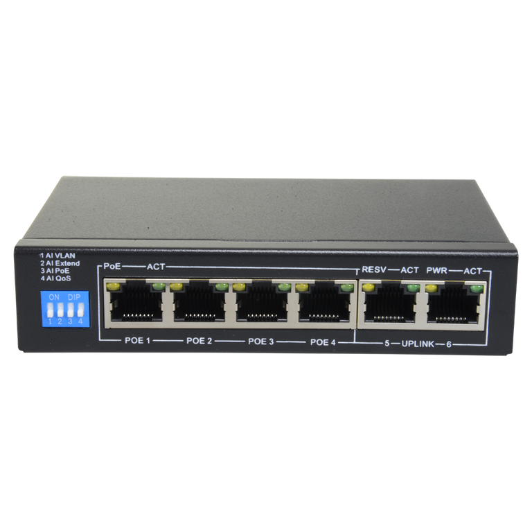 PoE Switch - 4 Ports + 2 Uplink Rj45 Speed ​​Up to 1000 Mbps in All 60W Total for Bandwidth 12 Gbps Standard Ieee8 