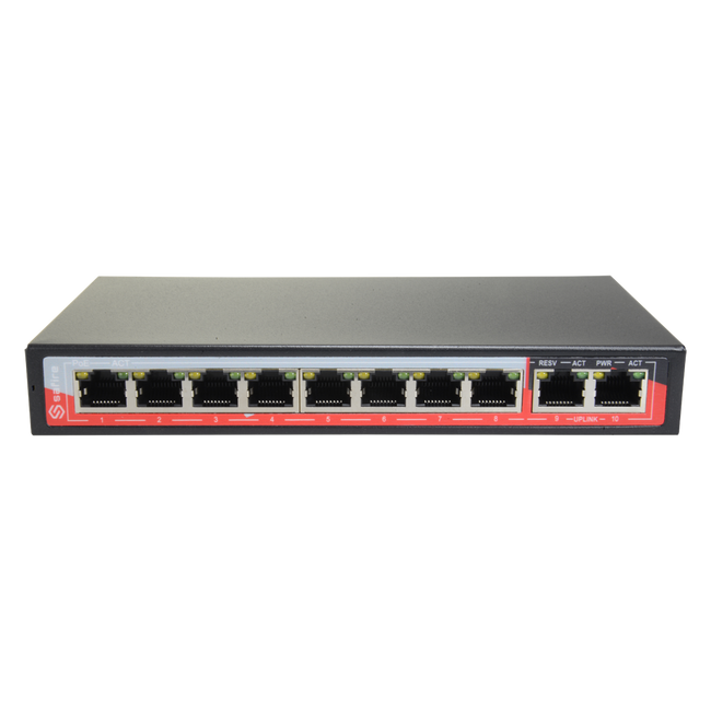 Switch PoE - 8 Puertos + 2 Uplink Rj45 Velocidad 10/100 Mbps Funciones: Ai Vlan/qos/cctv Extend/poe Norma Ieee802.3at (PoE) / a