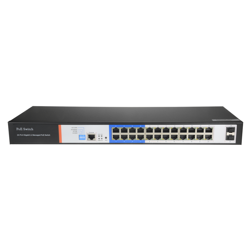 PoE Switch - 24 Ports + 2 Gigabit SFP Ports, 10/100/1000 Mbps Speed, 46W per Port / 250W Maximum, CCTV Mode: Up to 250m Range