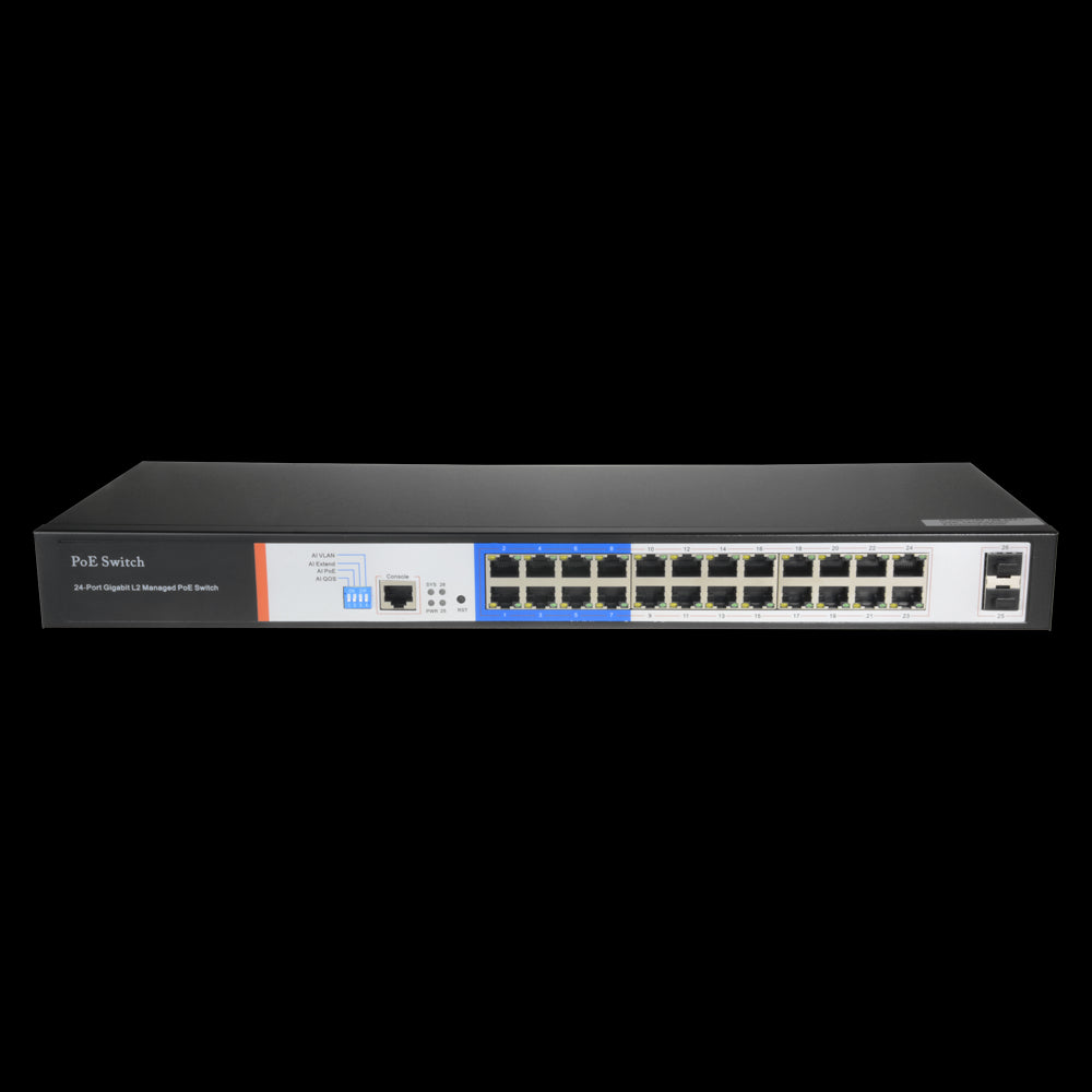 Switch PoE - 24 Puertos + 2 Gigabit SFP Velocidad 10/100/1000 Mbps 46 W por Puerto / Máximo 250w Modo Cctv: Hasta 250m de Alcance