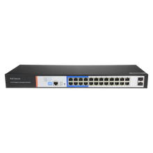PoE Switch - 24 Ports + 2 Gigabit SFP Ports, 10/100/1000 Mbps Speed, 46W per Port / 250W Maximum, CCTV Mode: Up to 250m Range
