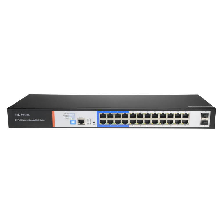 PoE Switch - 24 Ports + 2 Gigabit SFP Ports, 10/100/1000 Mbps Speed, 46W per Port / 250W Maximum, CCTV Mode: Up to 250m Range