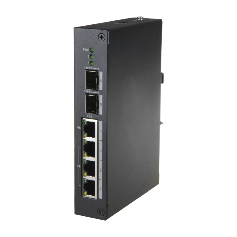 Switch PoE X-security - 4 portas + 2 portas SFP de fibra, velocidade 10/100 Mbps, 60 W por porta / 30 W por porta 1-3, potência máxima de 96 W, Hi-poe IEEE802.3at (PoE) 