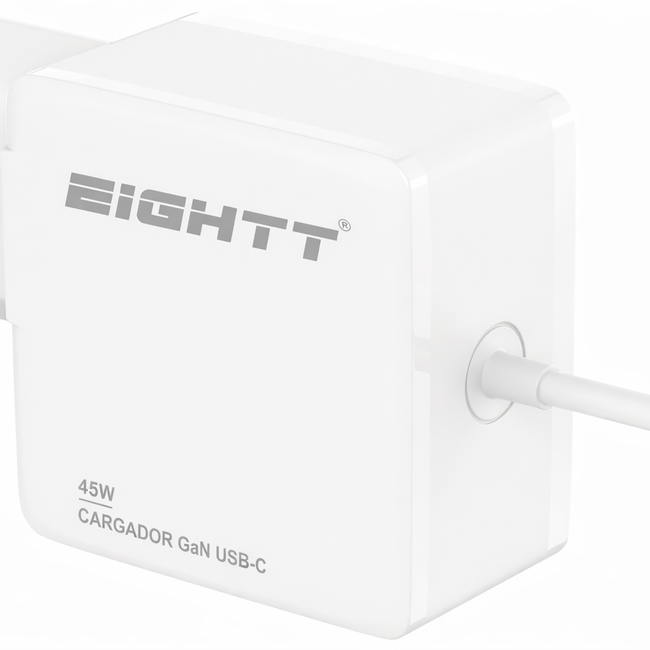 Carregador USB Tipo C de 45 W para smartphones, tablets e computadores portáteis.