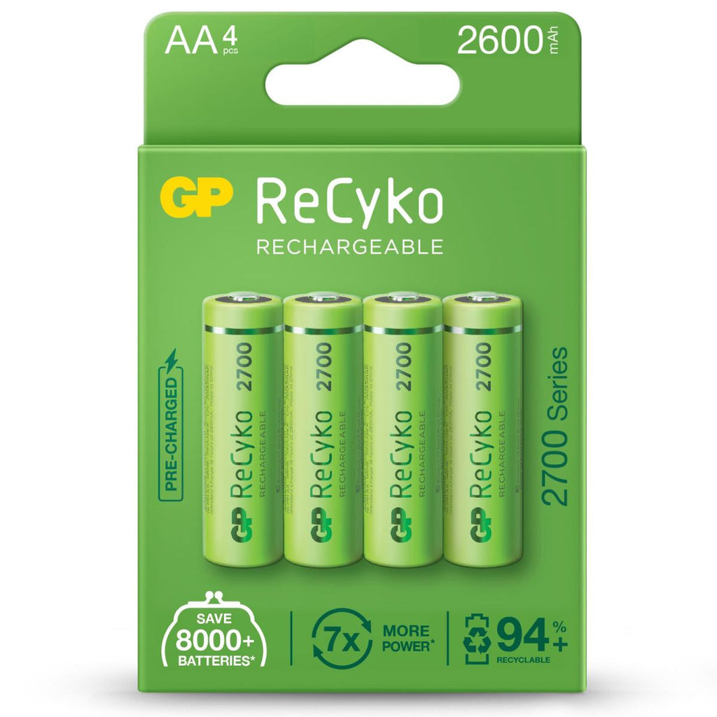Pack de 4 pilhas AA recarregáveis ​​​​com capacidade de 2600mAh.