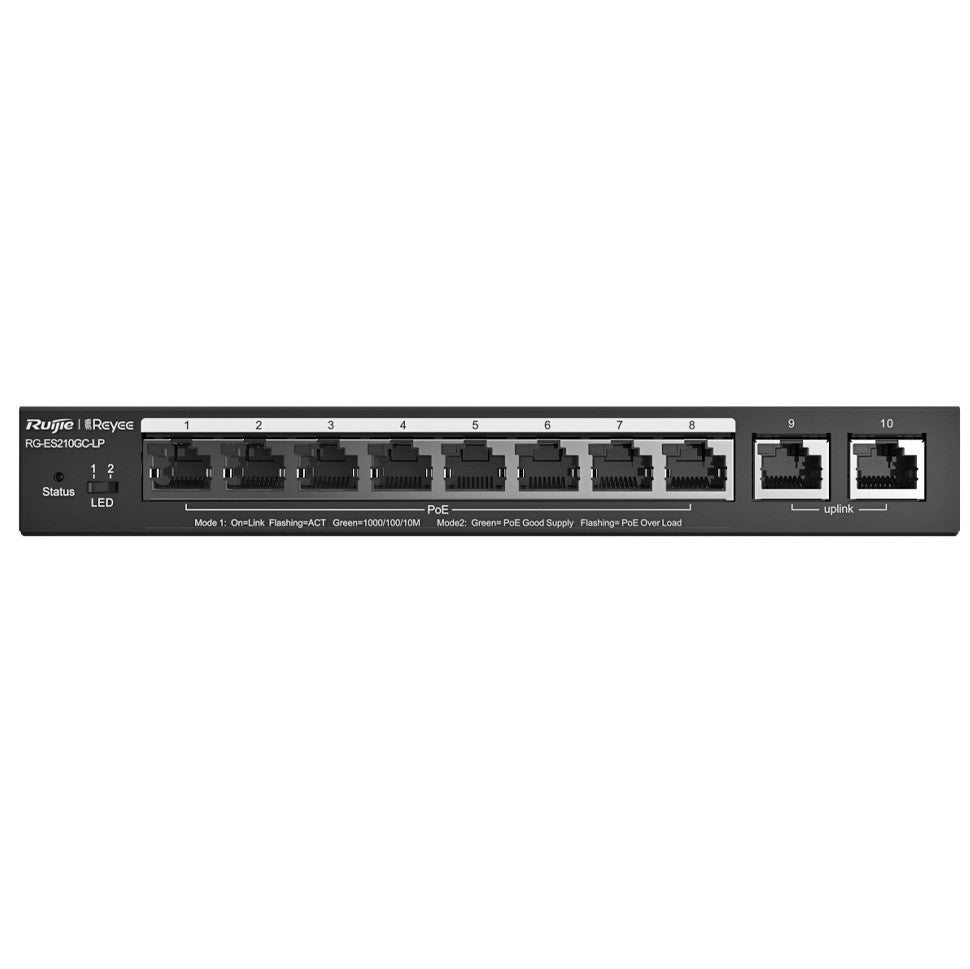 Reyee - Switch de secretária com 10 portas RJ45, velocidade de 10/100/1000 Mbps, consumo máximo de energia de 70 W, tecnologia de poupança de energia.