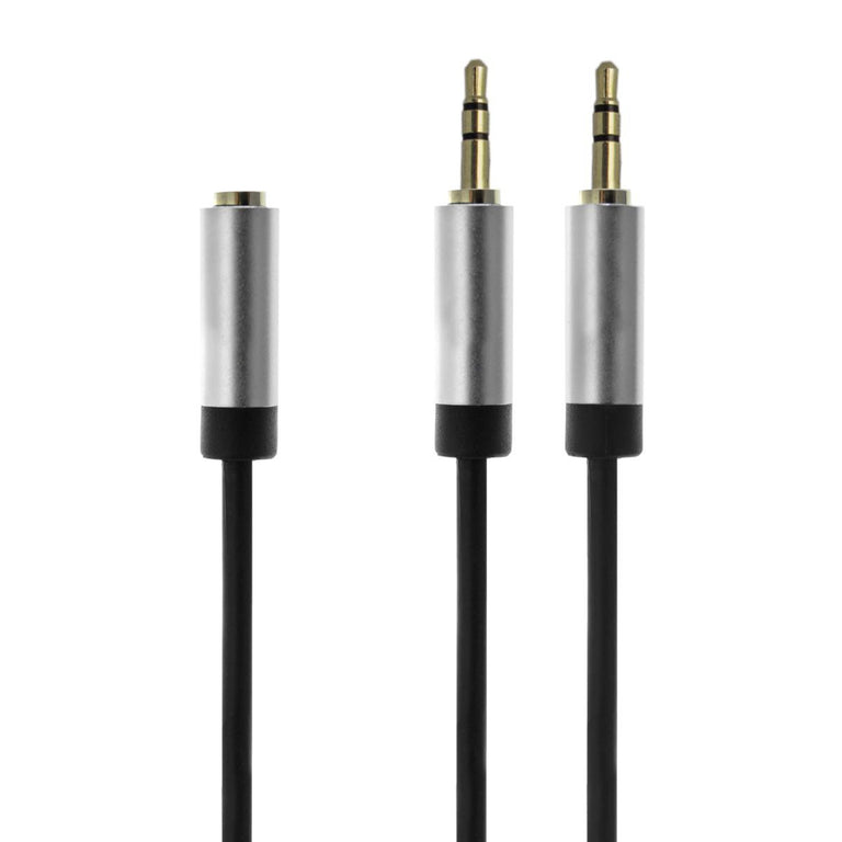 Cabo com conector fêmea de 3,5 mm de 4 pinos com divisor para microfone e auscultadores.