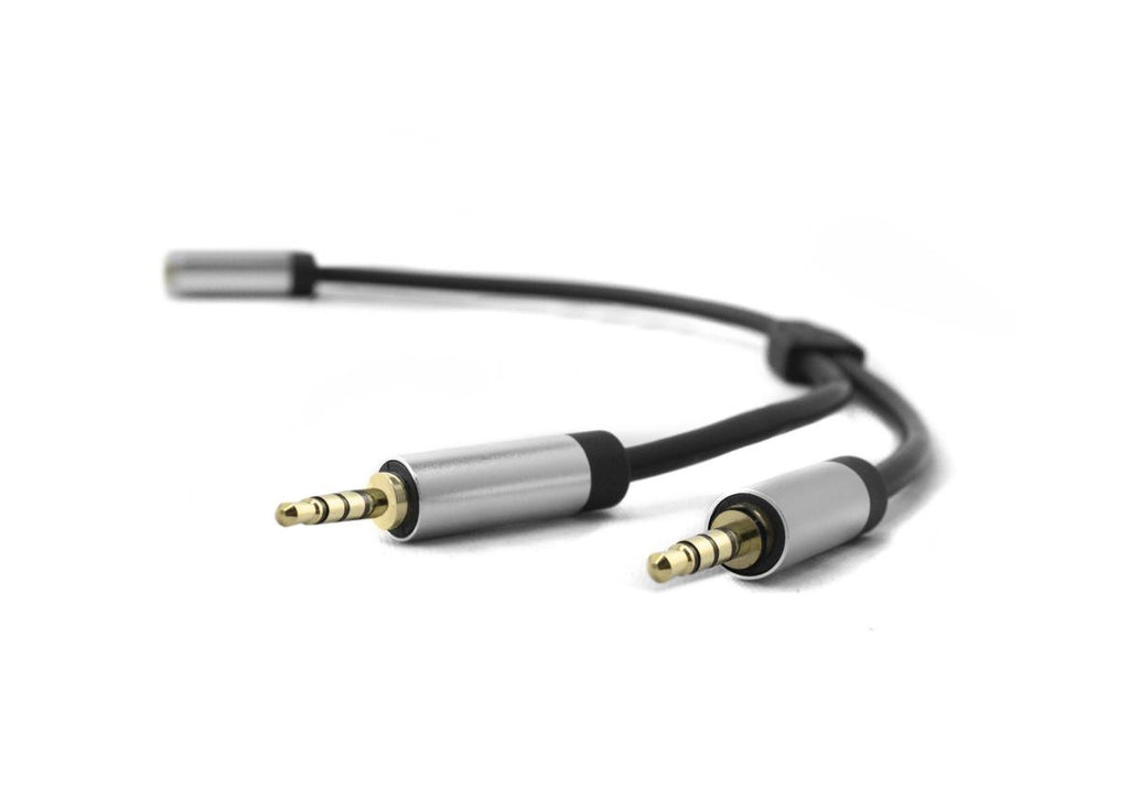 Cabo com conector fêmea de 3,5 mm de 4 pinos com divisor para microfone e auscultadores.