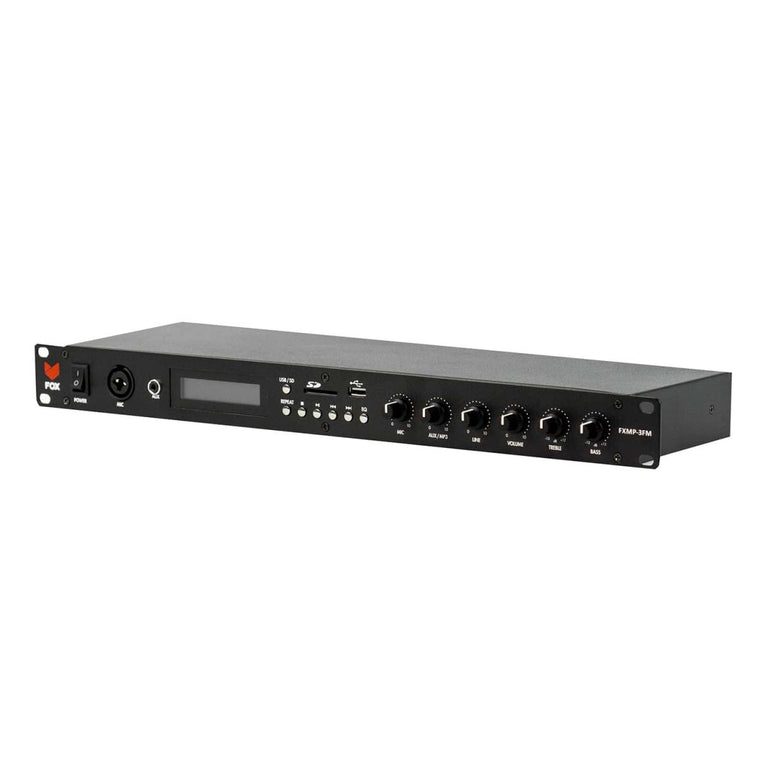 O leitor multimédia FOX FXMP-3FM para montagem em rack possui entradas USB, SD, XLR e AUX.